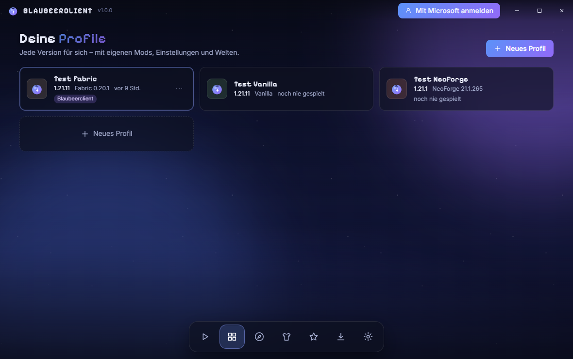 Blaubeerclient launcher displaying Minecraft profiles